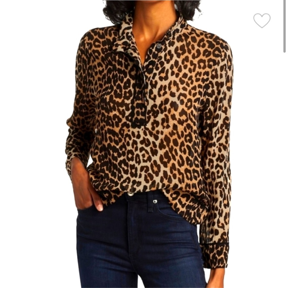 GANNI Leopard Print Georgette Long Sleeve Blouse